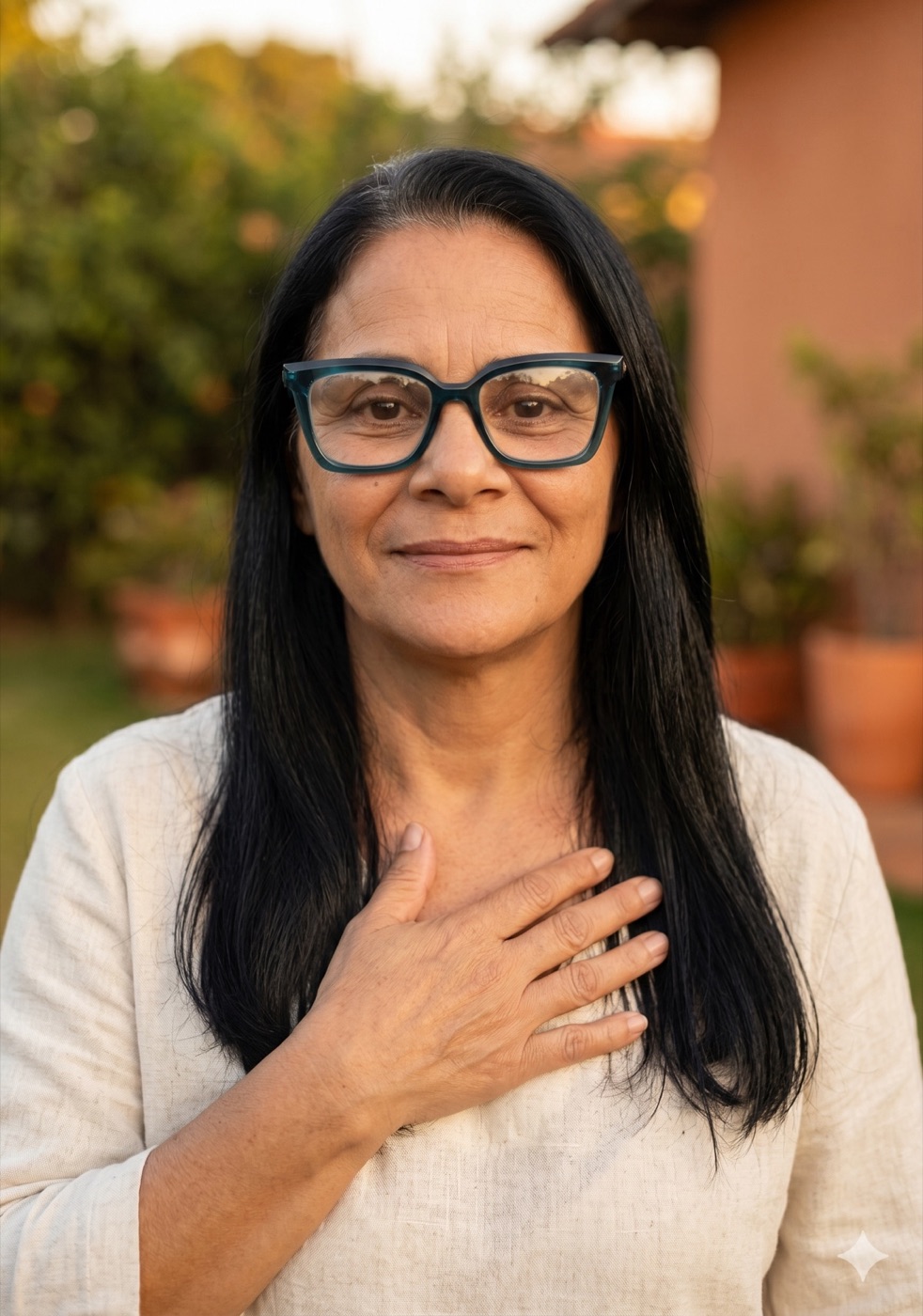 Maria de Fátima Borges, naturopata, com a mão no peito