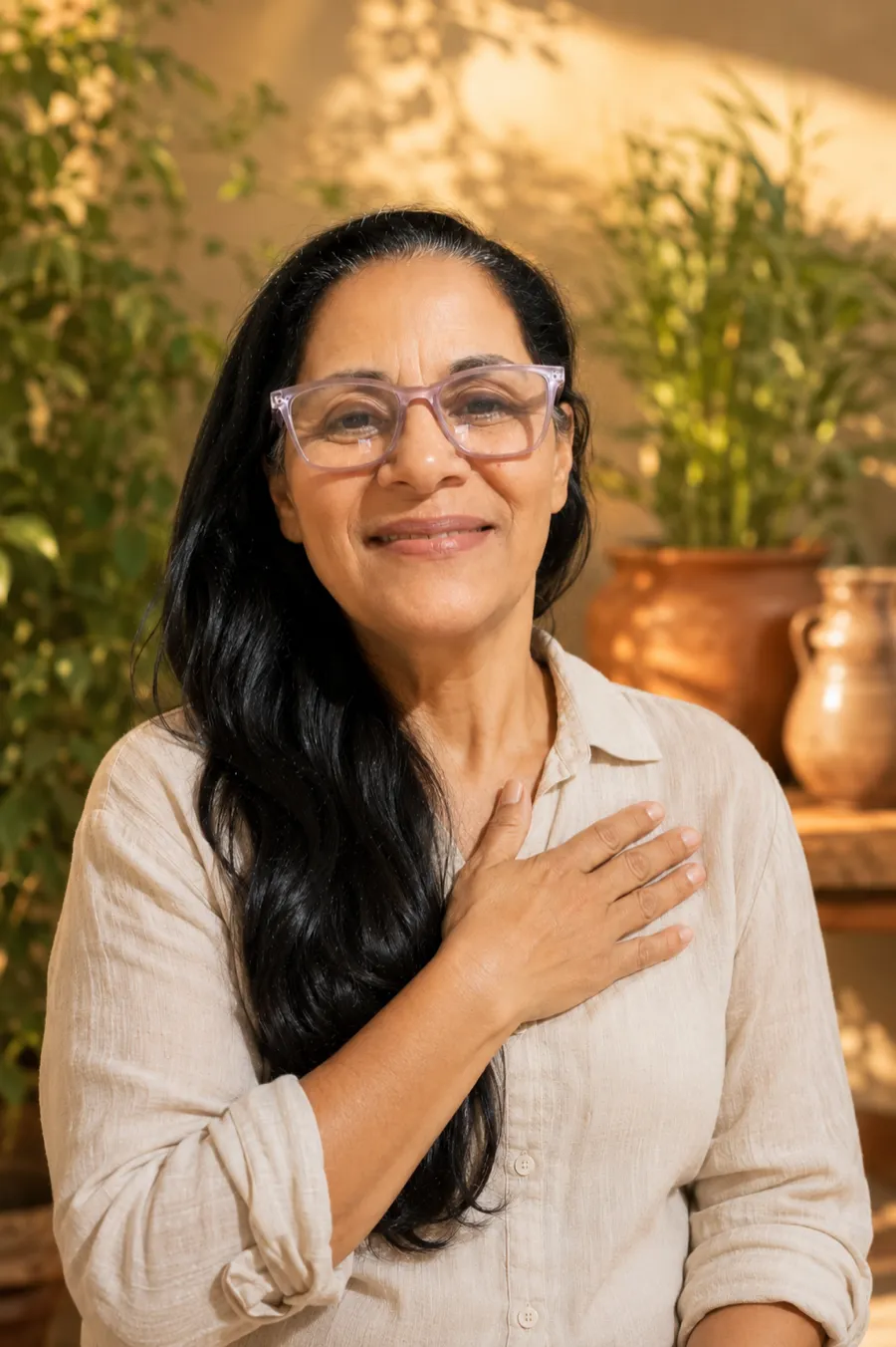 Maria de Fátima Borges, naturopata, com a mão no peito