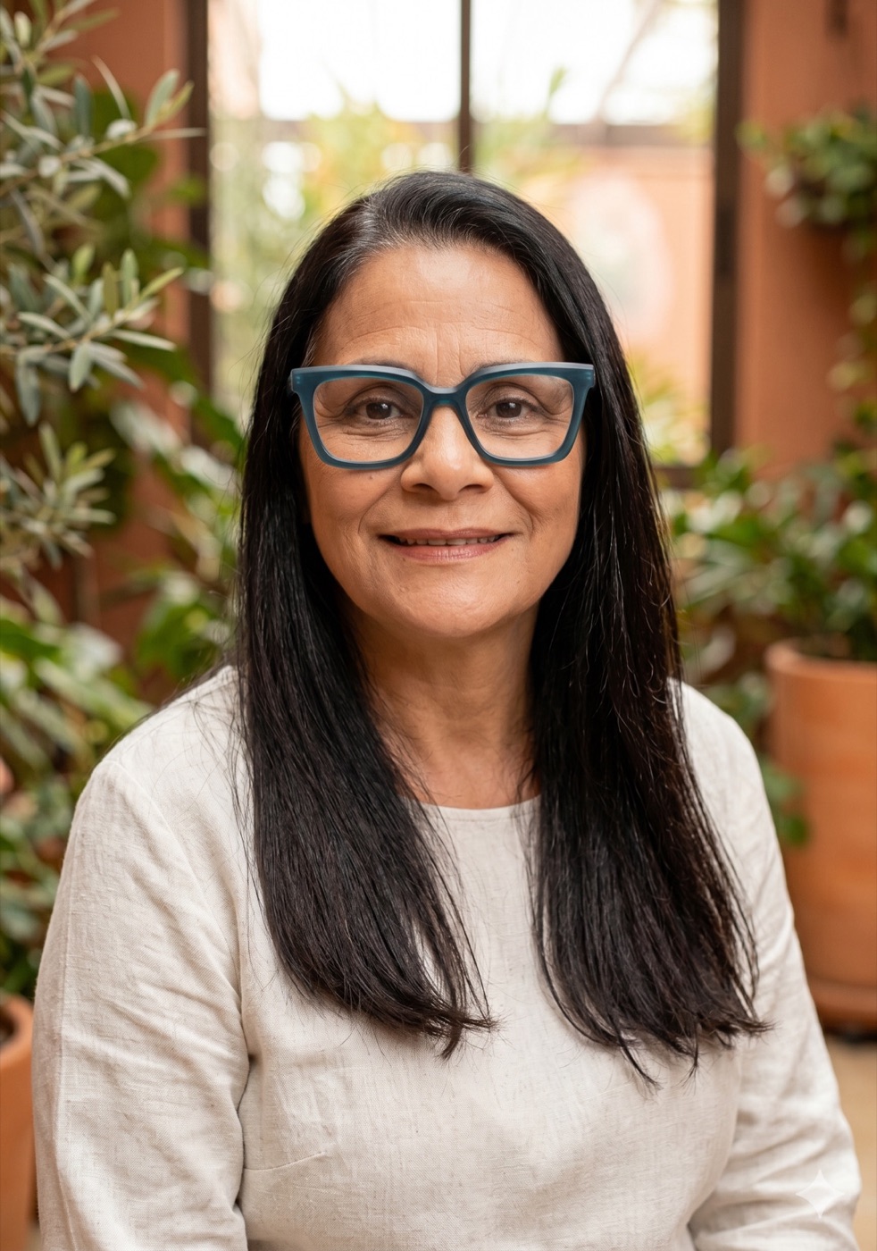 Retrato de Maria de Fátima Borges, naturopata, entre plantas