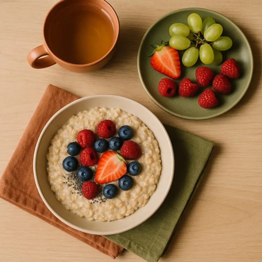 Café da manhã leve da Semana 1: mingau com frutas e chá